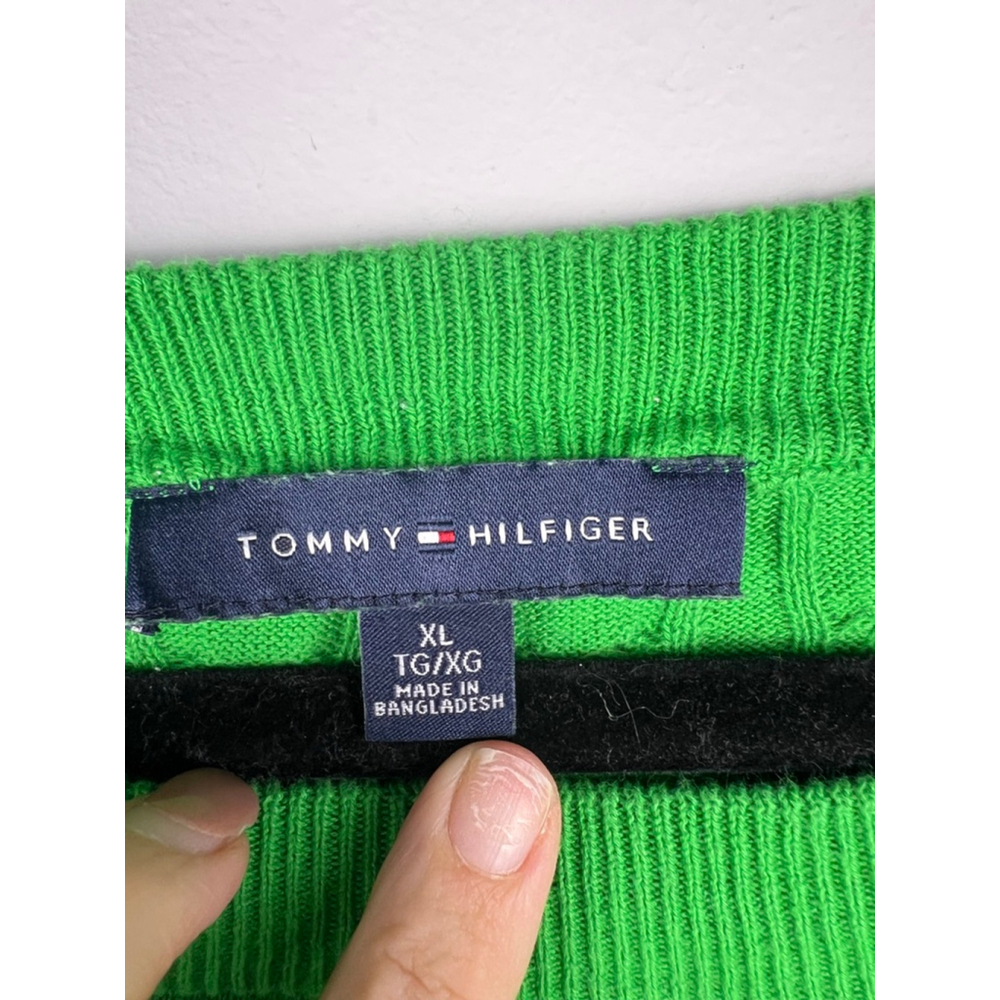 Tommy Hilfiger Women's XL Cable Knit Sweater Bright Green 100% Cotton Crewneck - Picture 2 of 6